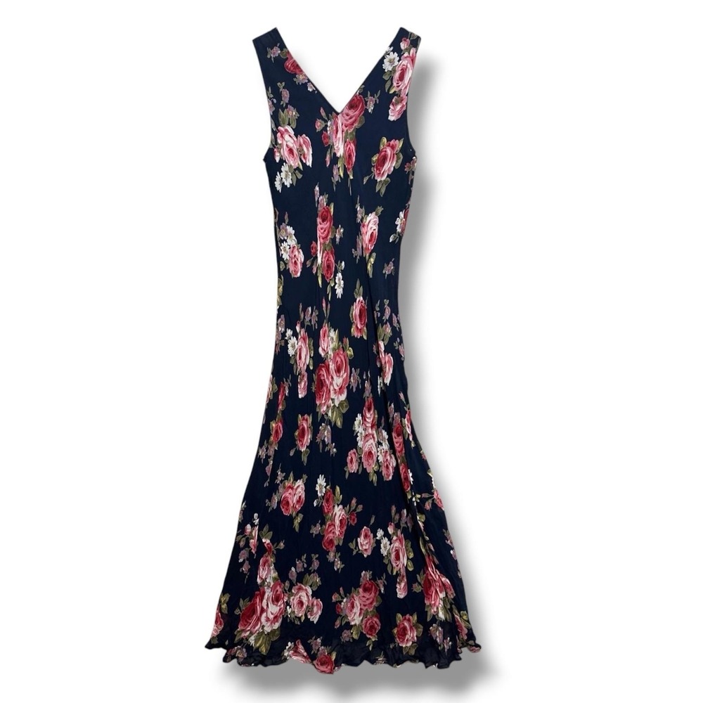Vintage R&K Originals Women's Navy Floral Maxi Dress Size 14 Beaded Detail